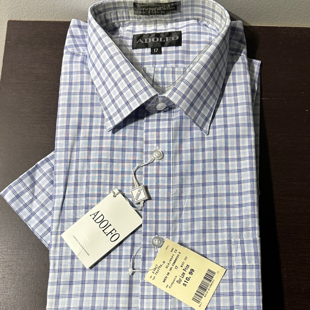 Adolfo Men's Blue and White Checkered Dress Shirt